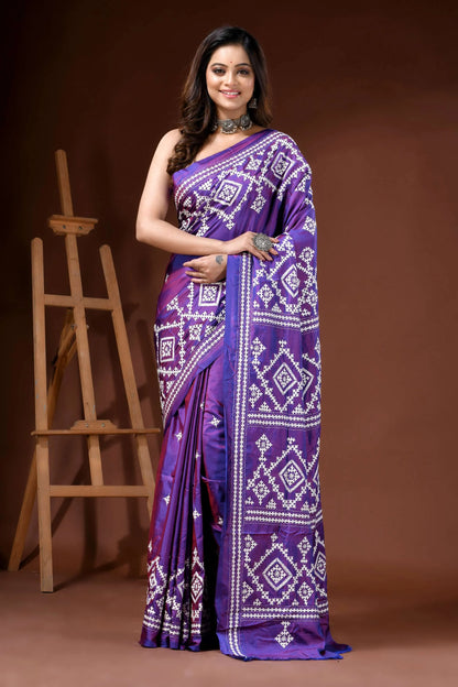 Purple ethnic hand embroidered silk gujarati stitch saree design 1