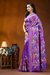 Purple exclusive deer theme handcrafted kantha embroidery silk saree vibrant purple silk saree adorned 3