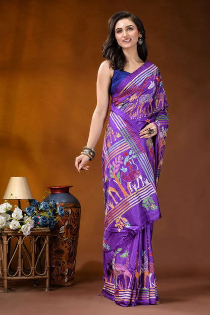 Purple exclusive deer theme handcrafted kantha embroidery silk saree vibrant purple saree intricate floral 4