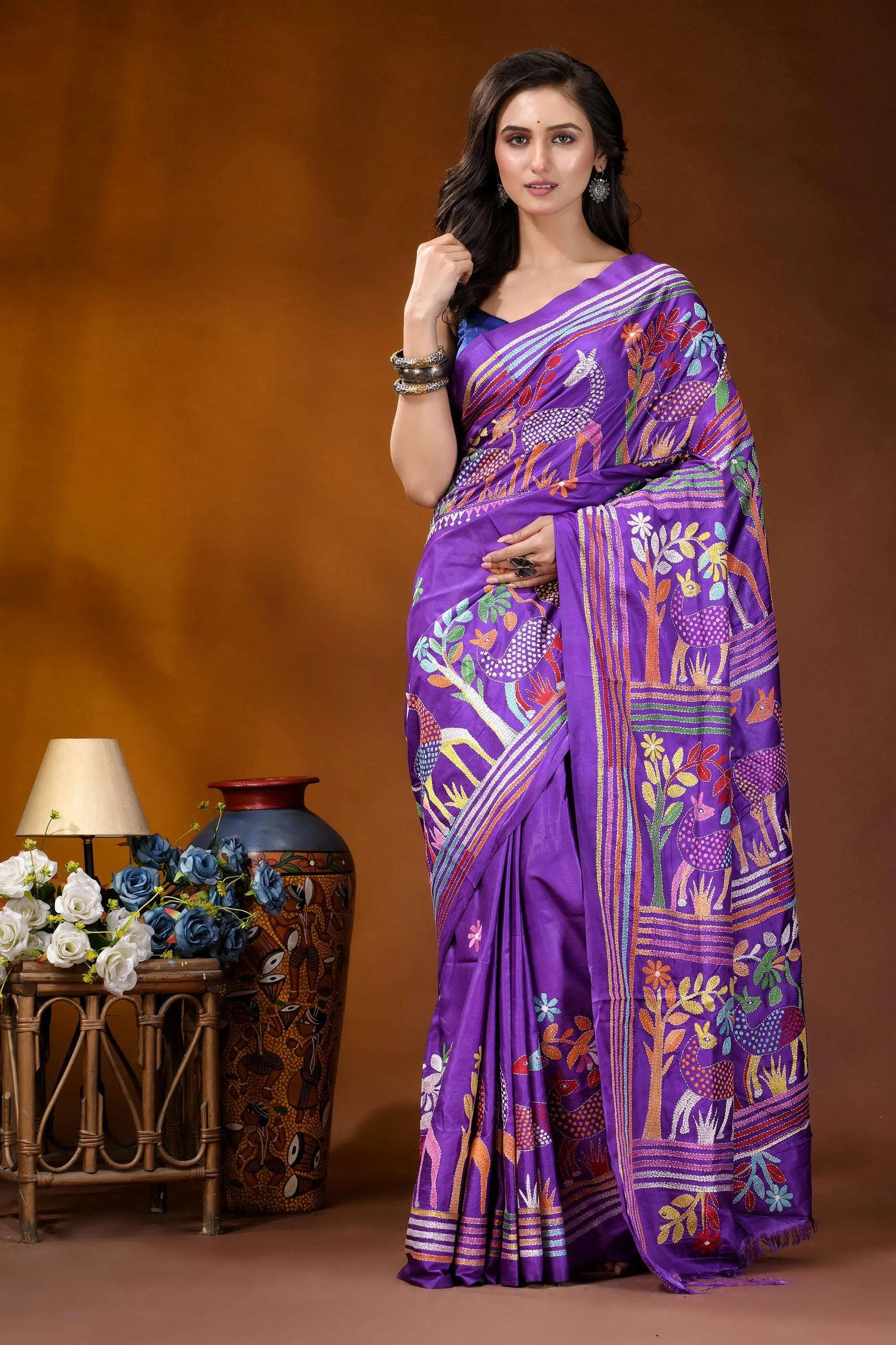 Purple exclusive deer theme handcrafted kantha embroidery silk saree vibrant purple saree adorned intricate 1