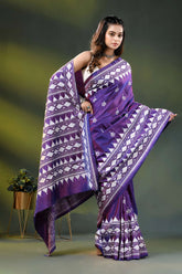 Purple geometric design handcrafted silk kantha stitch saree 4