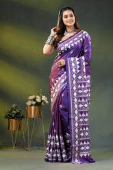 Purple geometric design handcrafted silk kantha stitch saree 6