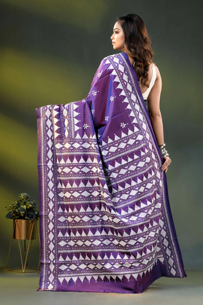 Purple geometric design handcrafted silk kantha stitch saree 5