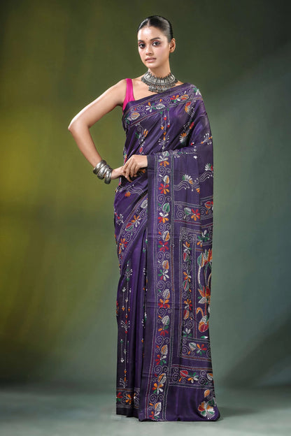 Purple hand embroidered floral bird kantha silk saree rich adorned 1