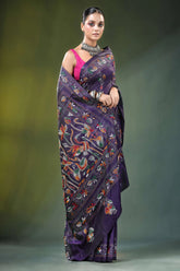 Purple hand embroidered floral bird kantha silk saree richly intricate 4