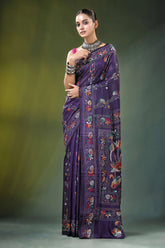 Purple hand embroidered floral bird kantha silk saree rich adorned 6