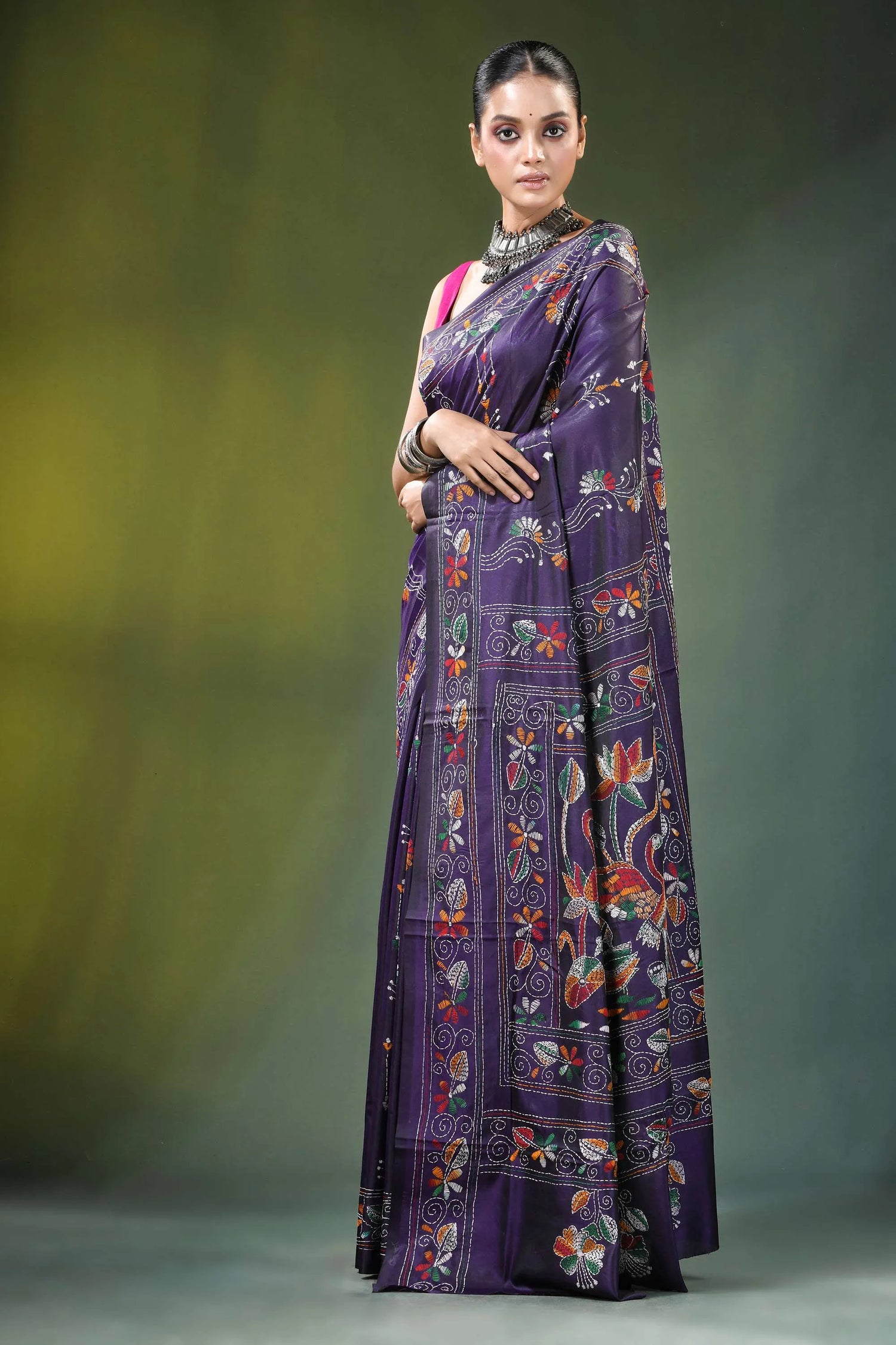 Purple hand embroidered floral bird kantha silk saree woman wears deep 3
