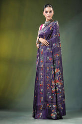 Purple hand embroidered floral bird kantha silk saree woman wears deep 3