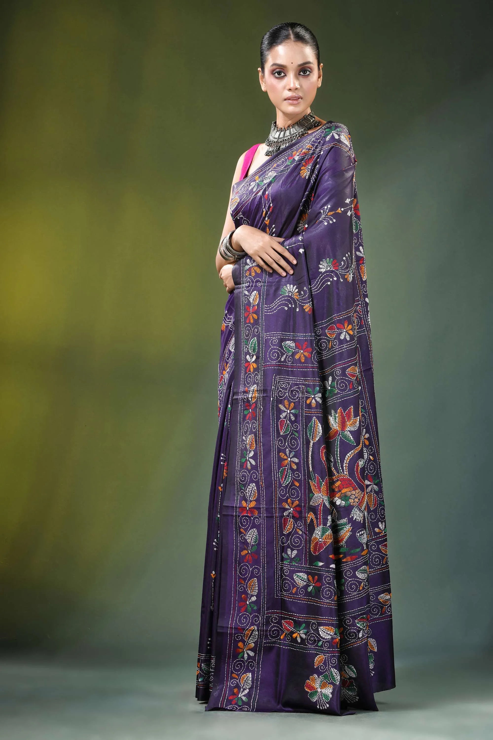 Purple hand embroidered floral bird kantha silk saree woman wears deep 3