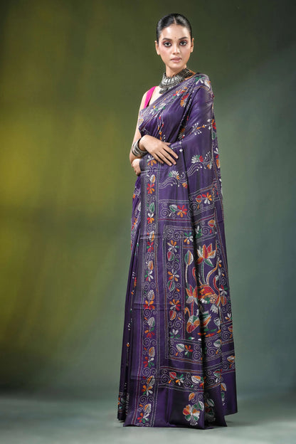Purple hand embroidered floral bird kantha silk saree woman wears deep 3