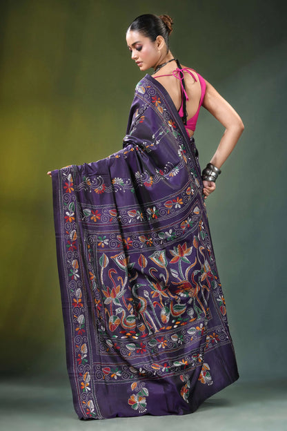 Purple hand embroidered floral bird kantha silk saree rich adorned 5