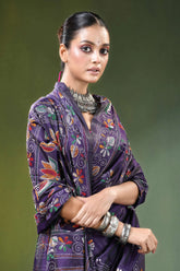 Purple hand embroidered floral bird kantha silk saree garment intricate 2