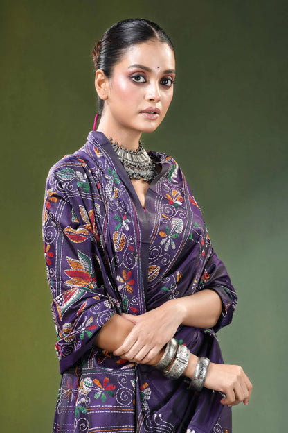 Purple hand embroidered floral bird kantha silk saree garment intricate 2