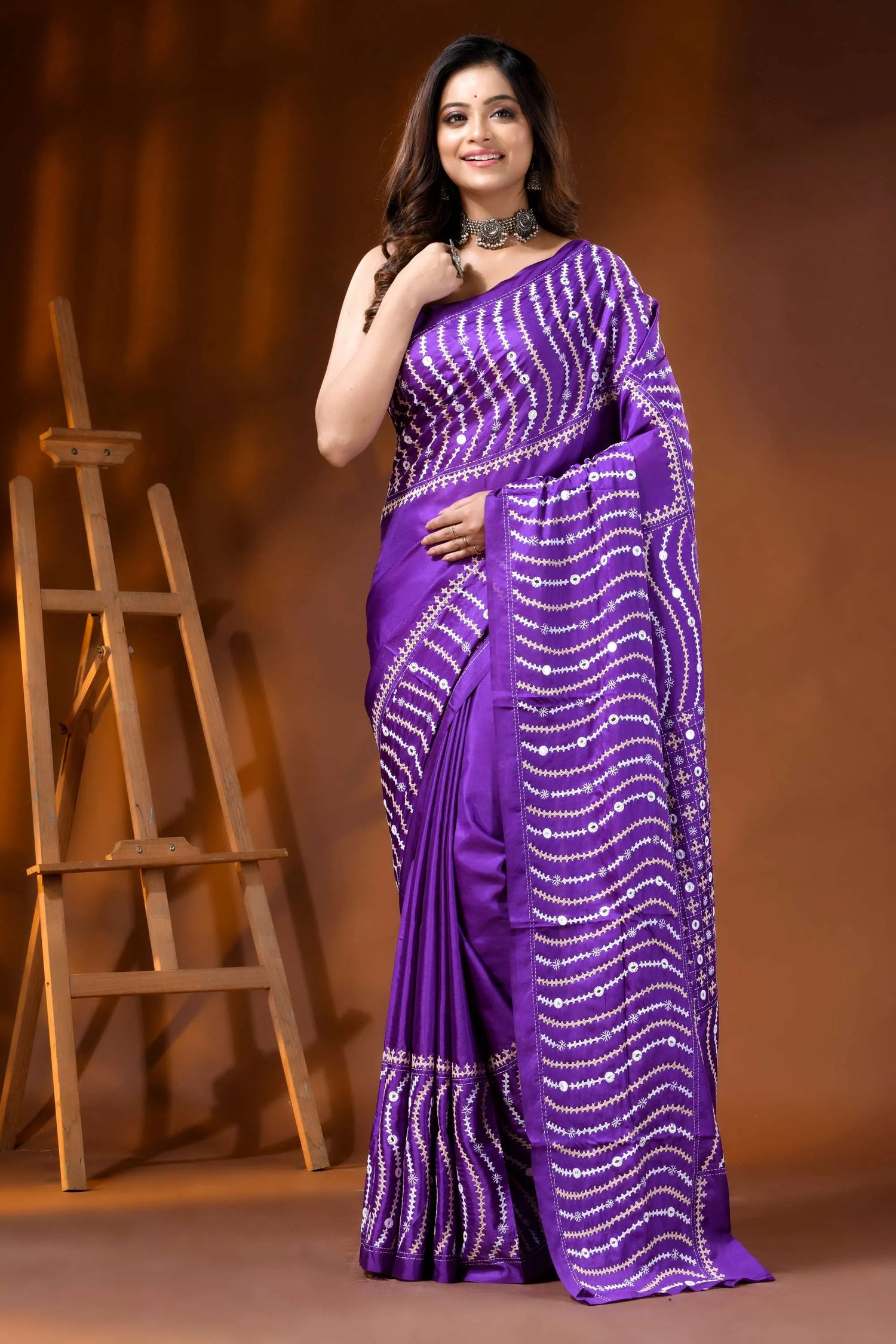 Purple handcrafted kutch embroidery silk saree with mirror work 6