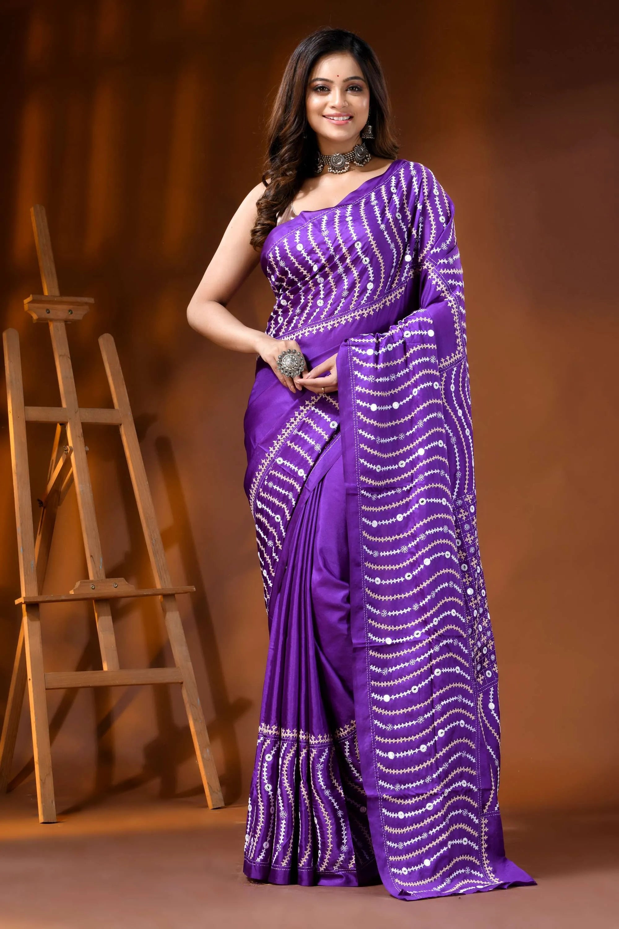 Purple handcrafted kutch embroidery silk saree with mirror work 1