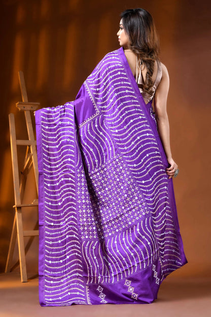 Purple handcrafted kutch embroidery silk saree with mirror work 5