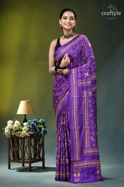 Purple heart exclusive warli design heritage silk kantha stitch saree purple silk saree intricate gold 6