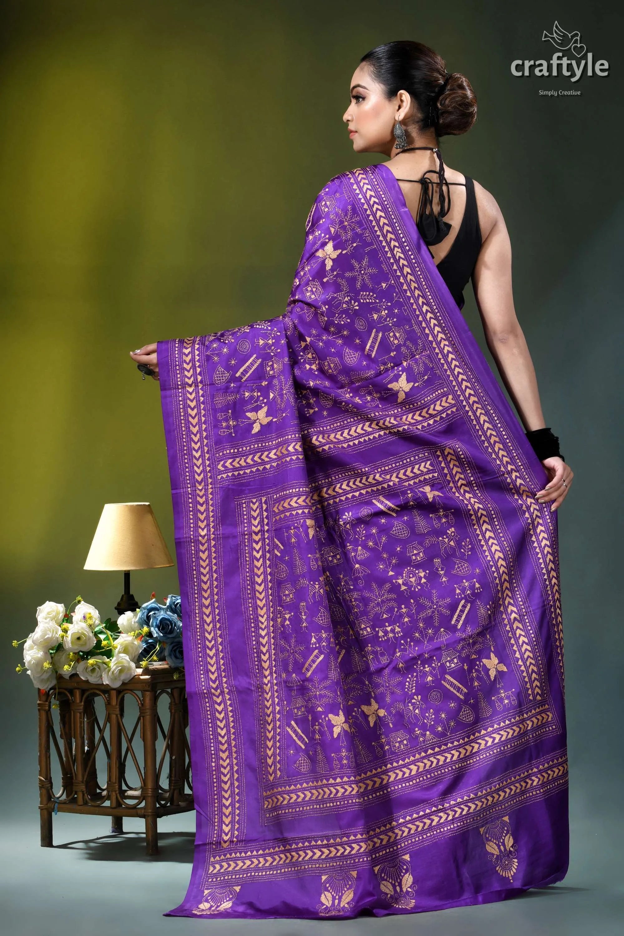 Purple heart exclusive warli design heritage silk kantha stitch saree purple silk saree intricate gold 5
