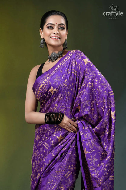 Purple heart exclusive warli design heritage silk kantha stitch saree purple saree intricate gold embroidery 2