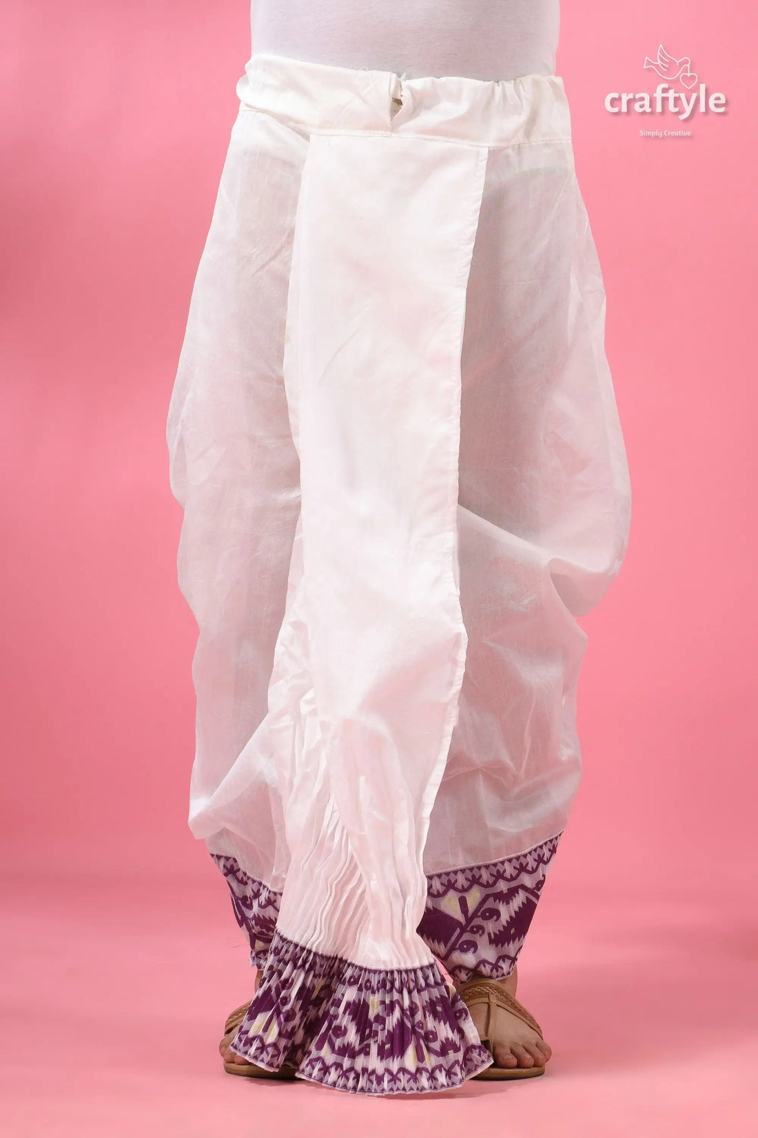 Purple jamdani border mayur puccha silk dhoti - ready to wear white cotton bell-bottom pants purple 1