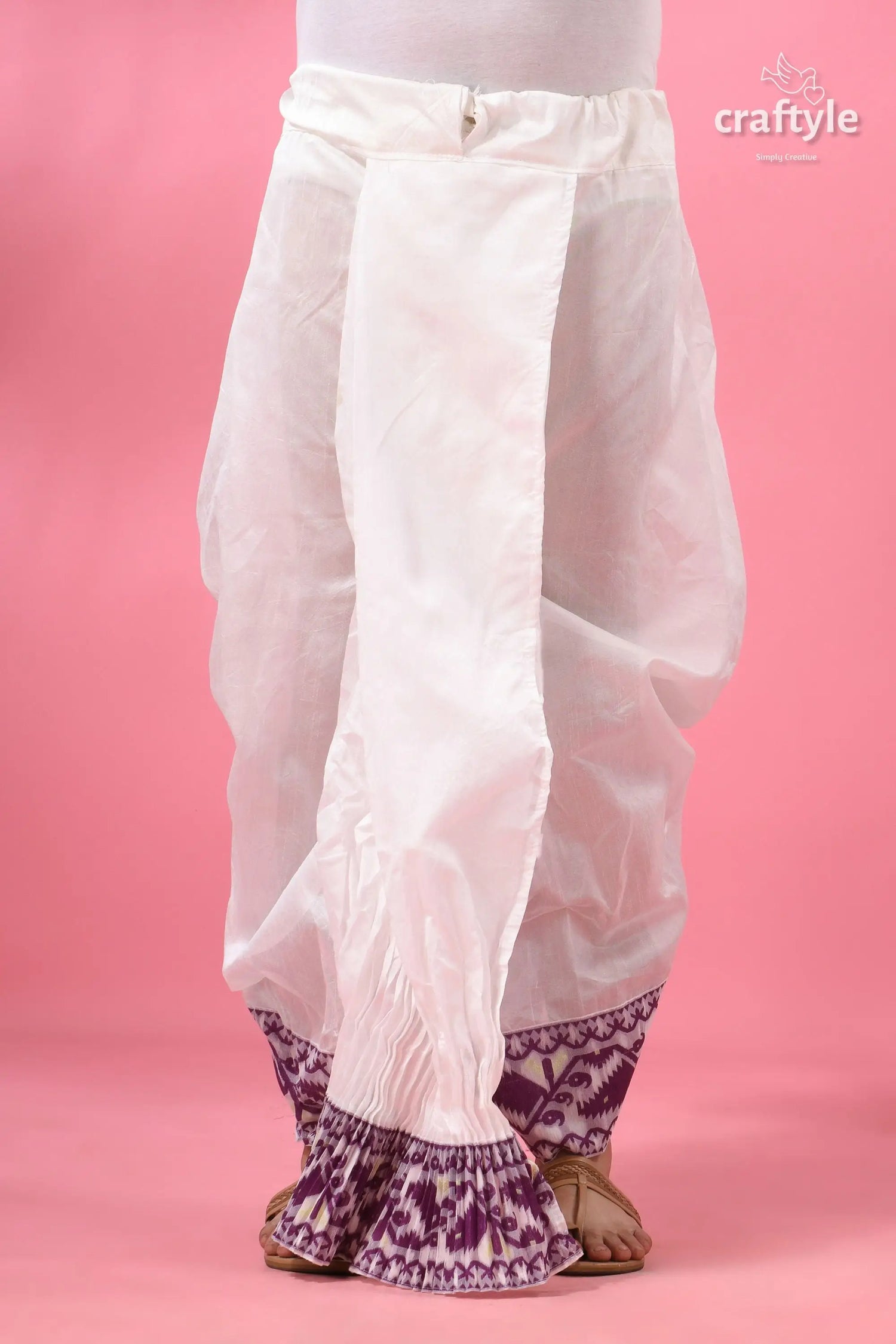 Purple jamdani border mayur puccha silk dhoti - ready to wear white cotton bell-bottom pants purple 1