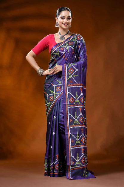 Purple kutch work saree in silk with hand embroidered ethnic motif 1