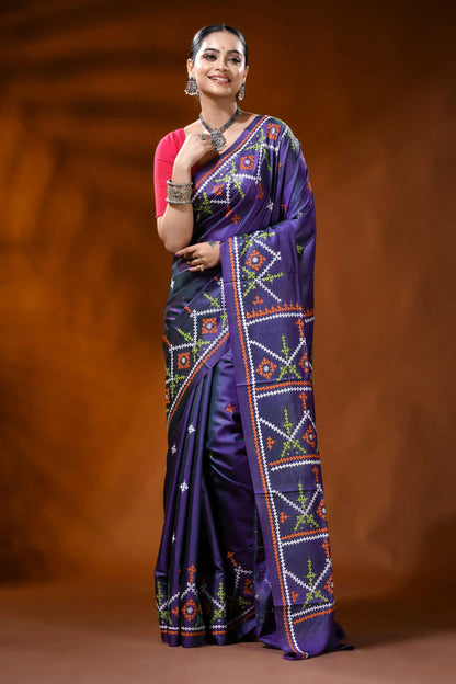 Purple kutch work saree in silk with hand embroidered ethnic motif 6