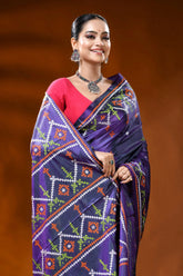Purple kutch work saree in silk with hand embroidered ethnic motif 2