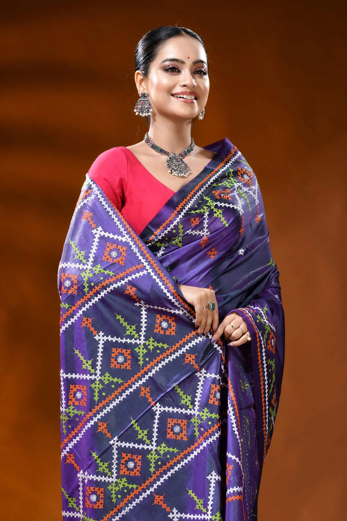 Purple kutch work saree in silk with hand embroidered ethnic motif 2