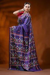 Purple kutch work saree in silk with hand embroidered ethnic motif 4