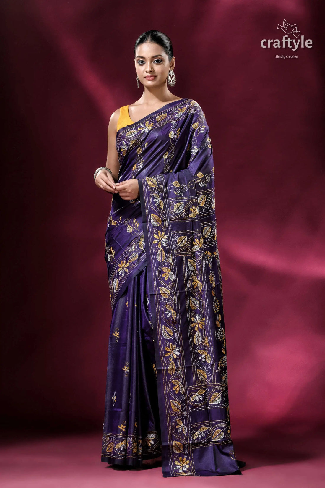 Purple navy kantha embroidered silk saree elegant purple saree floral embroidery 1