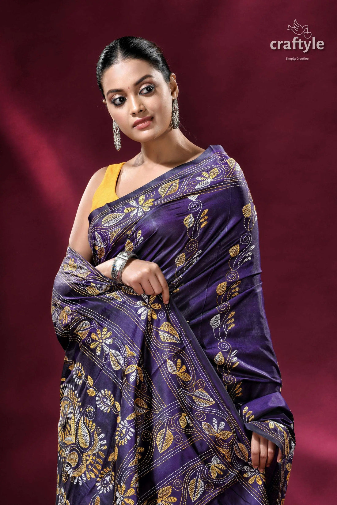 Purple navy kantha embroidered silk saree purple floral embroidered saree 2