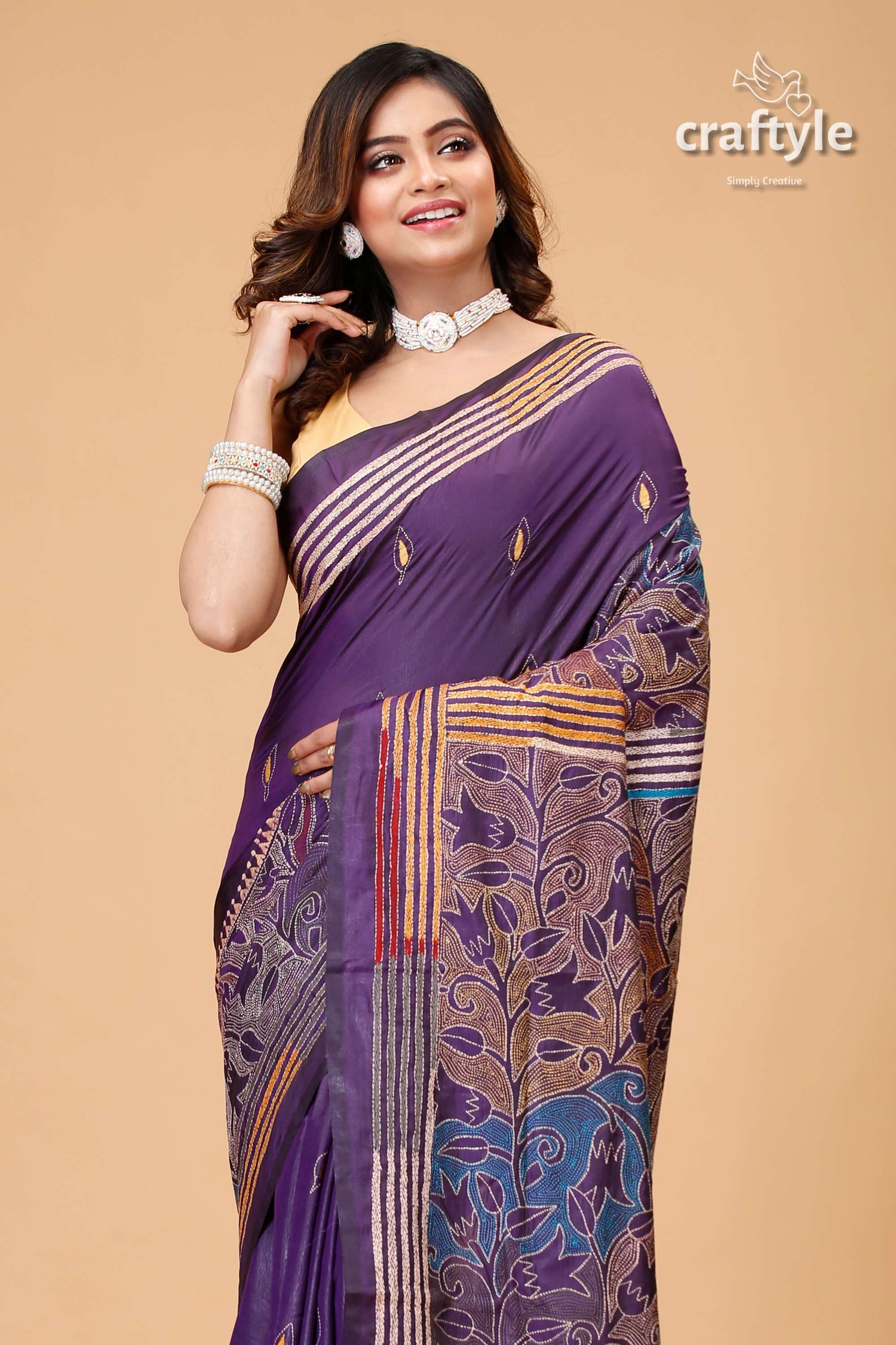 Purple Navy Tulip Motif Silk Kantha Saree - Reverse Stitch - Craftyle
