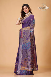 Purple Navy Tulip Motif Silk Kantha Saree - Reverse Stitch - Craftyle