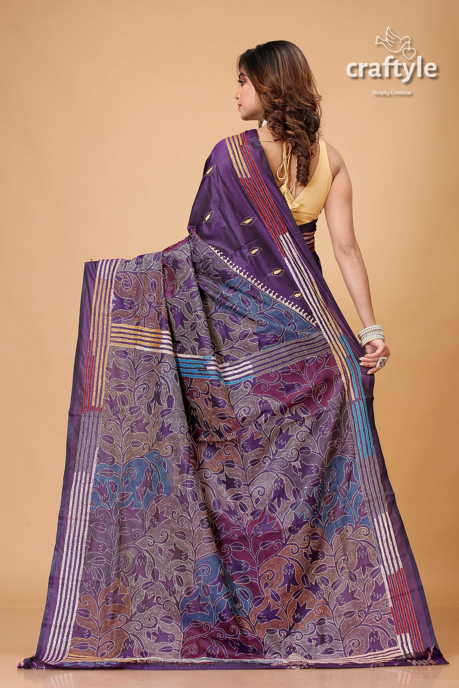 Purple Navy Tulip Motif Silk Kantha Saree - Reverse Stitch - Craftyle