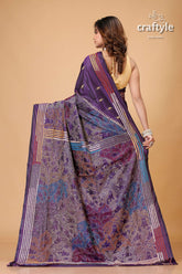 Purple Navy Tulip Motif Silk Kantha Saree - Reverse Stitch - Craftyle