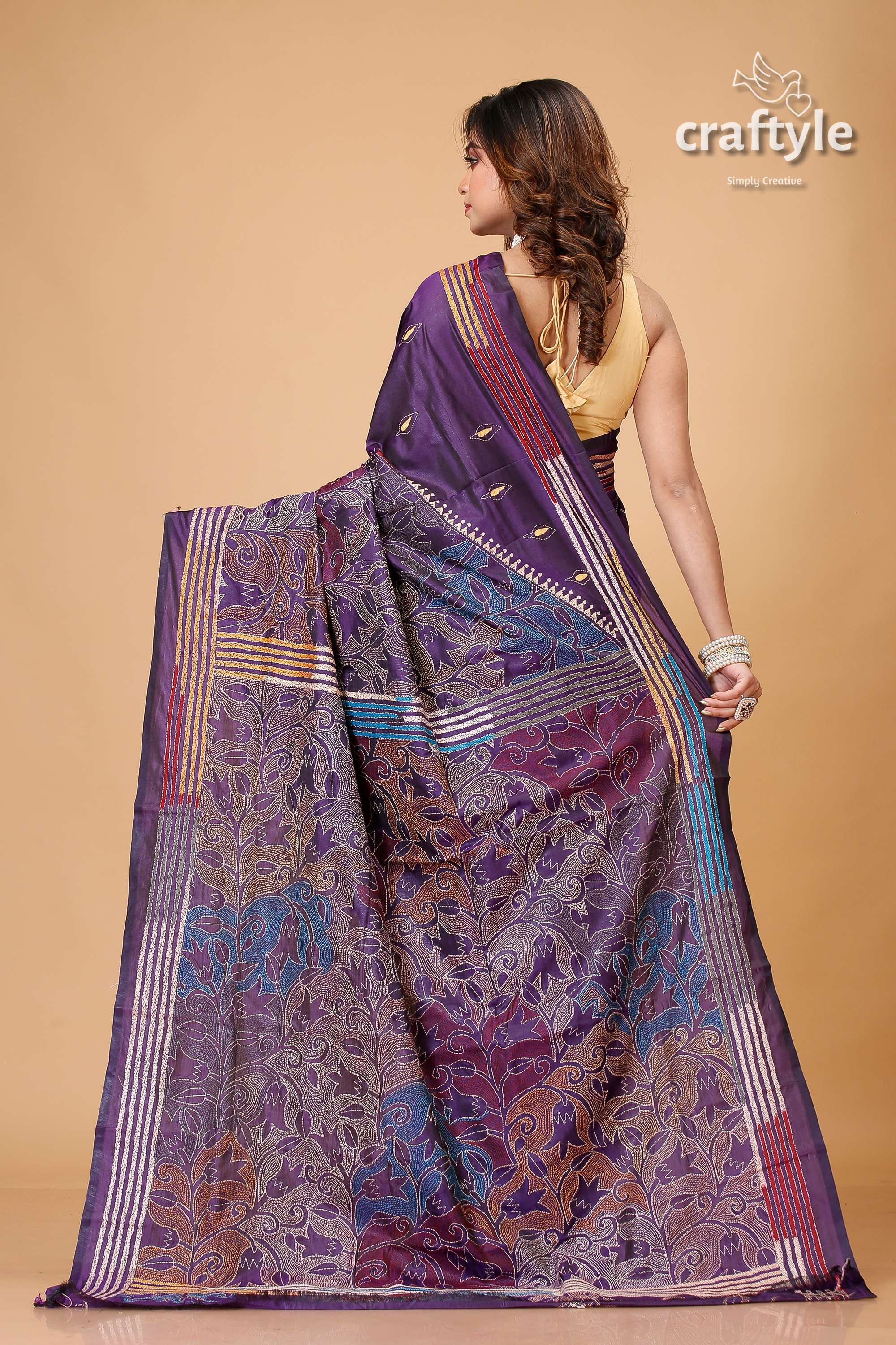 Purple Navy Tulip Motif Silk Kantha Saree - Reverse Stitch - Craftyle