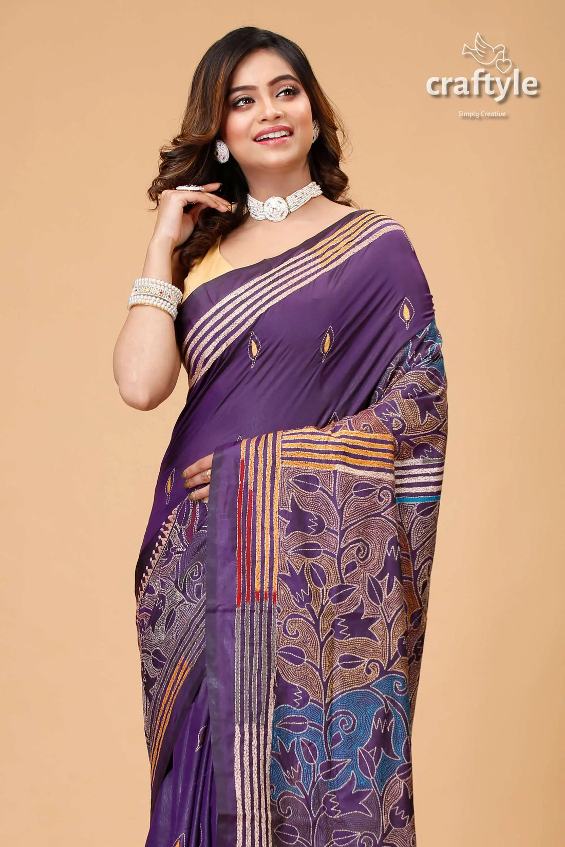 Purple navy tulip motif silk kantha saree - reverse stitch elegant purple saree floral patterns 2