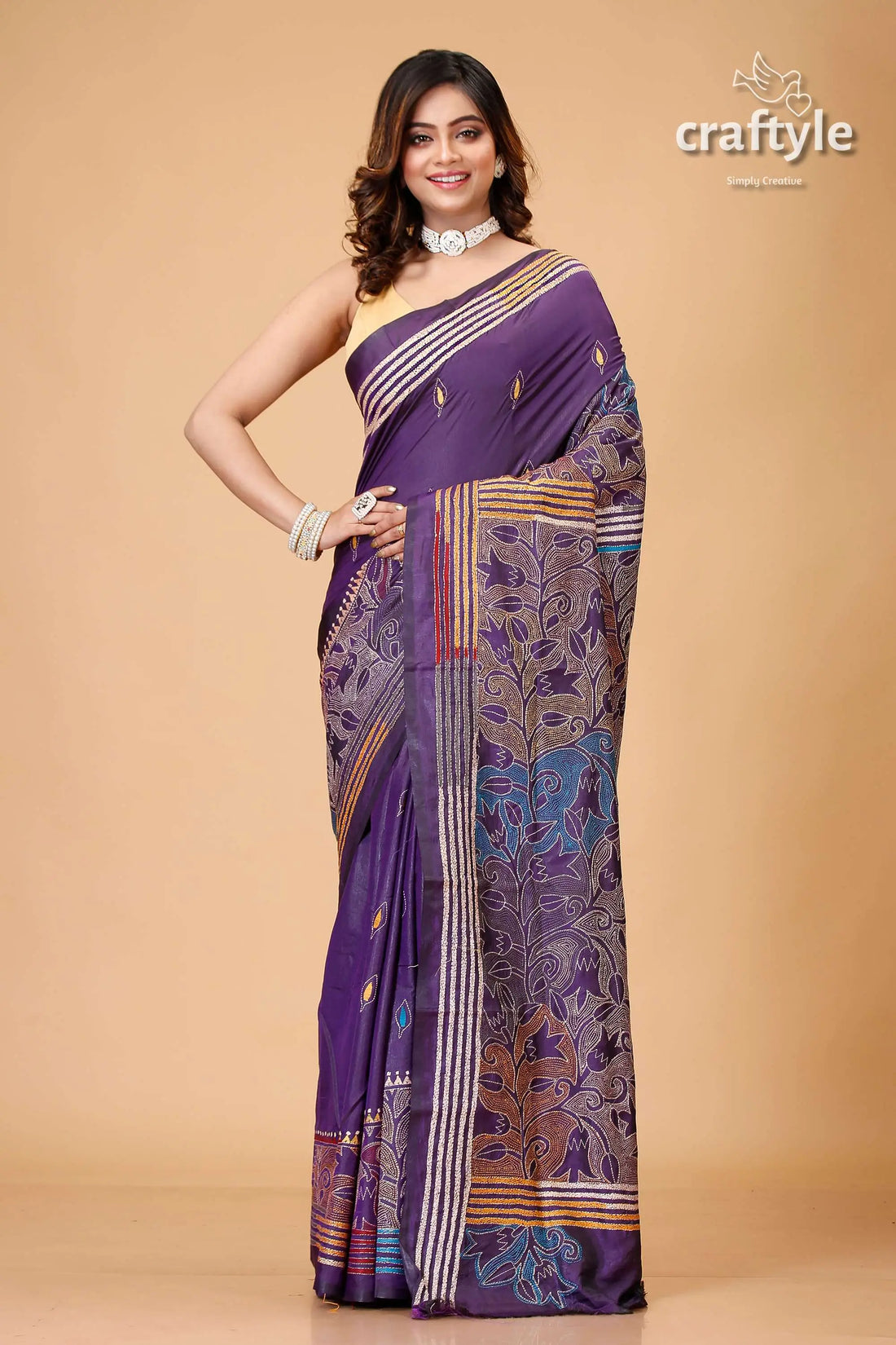 Purple navy tulip motif silk kantha saree reverse stitch elegant purple saree floral embroidery 1