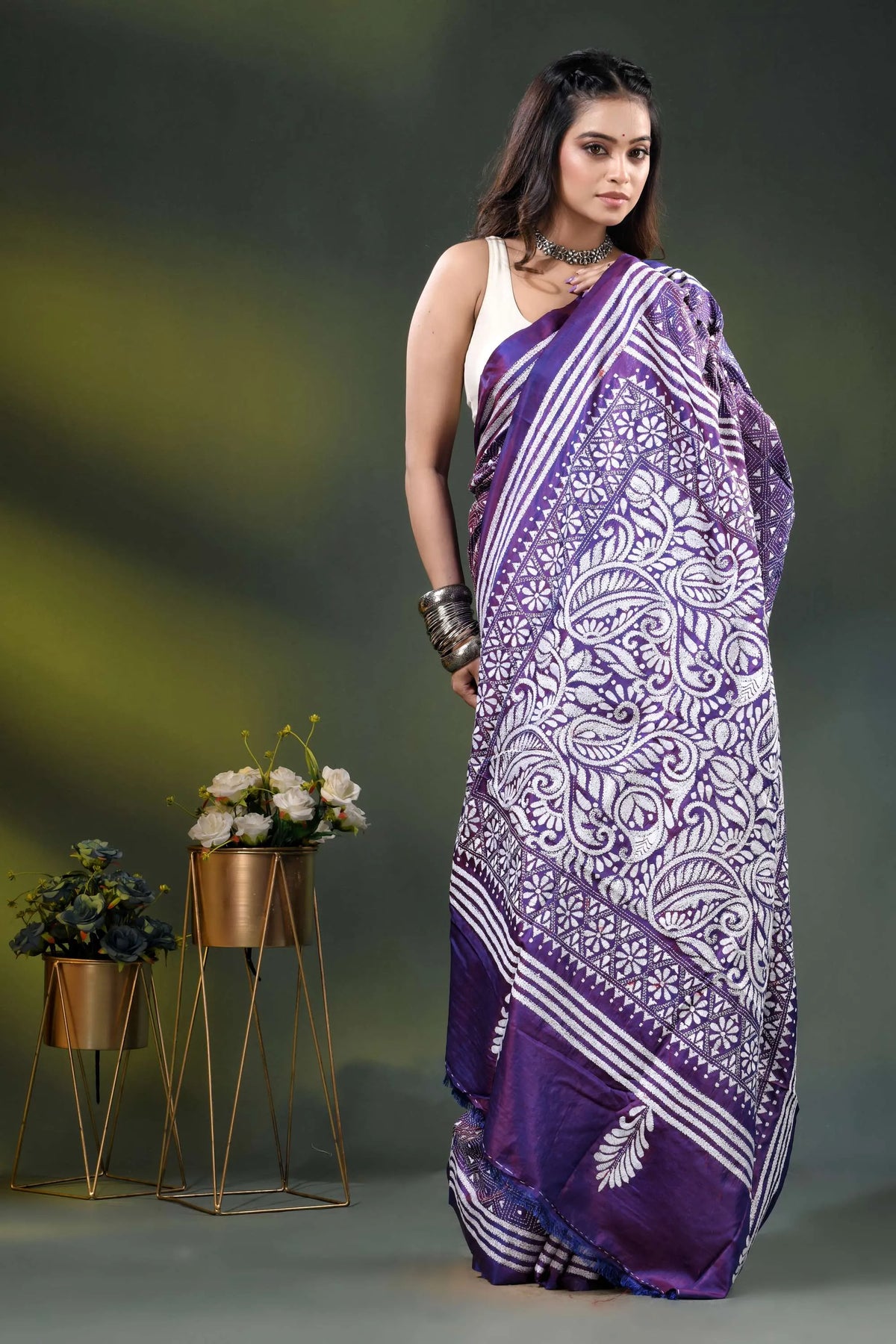 Purple paisley floral design handmade kantha silk saree 6