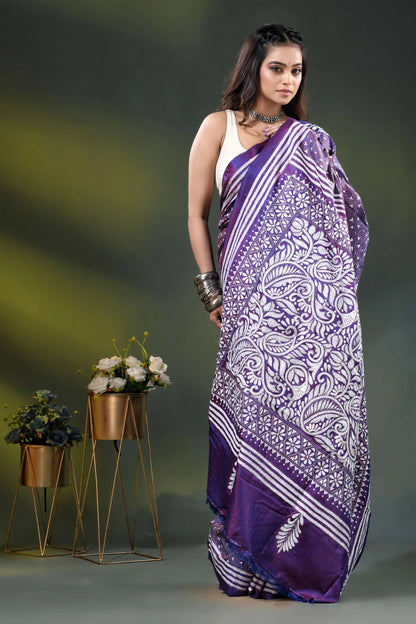 Purple paisley floral design handmade kantha silk saree 6