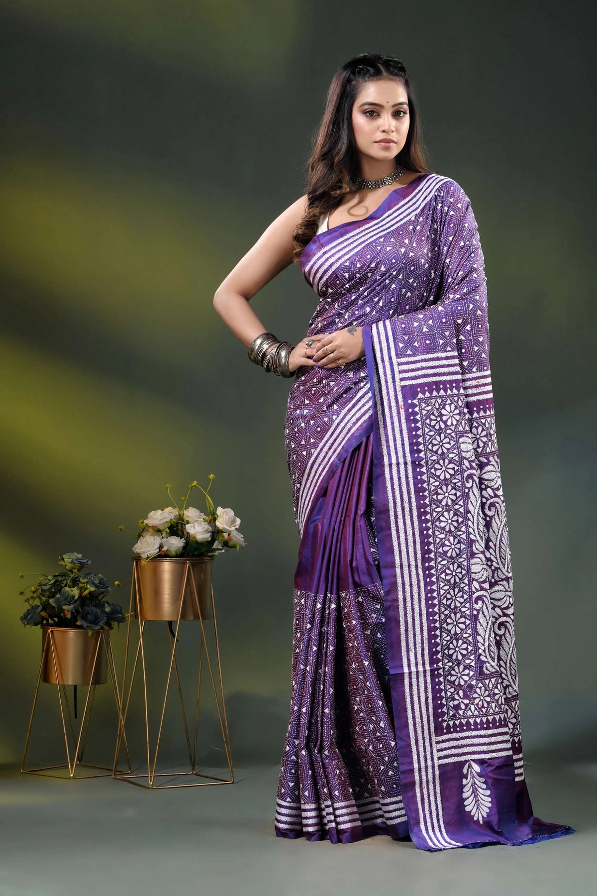 Purple paisley floral design handmade kantha silk saree 1