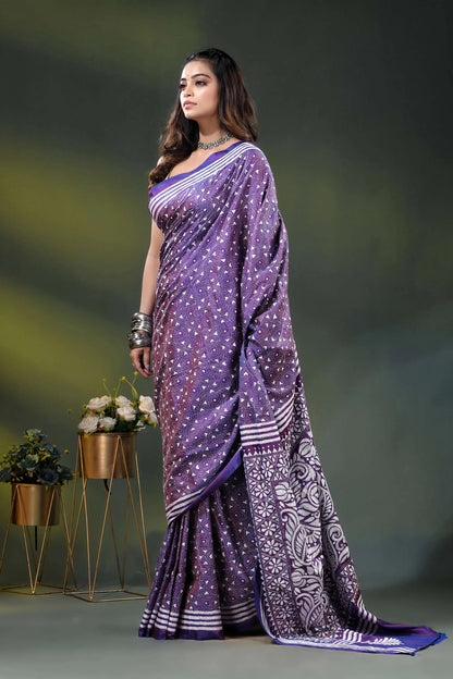 Purple paisley floral design handmade kantha silk saree 4