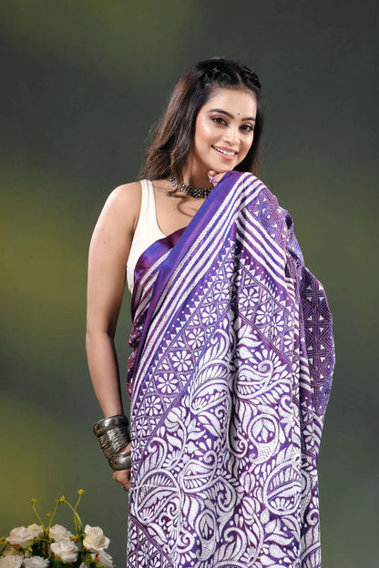 Purple paisley floral design handmade kantha silk saree 2