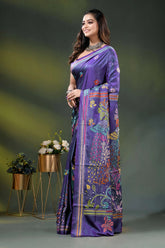 Purple peacock motif hand embroidered silk kantha stitch saree 3