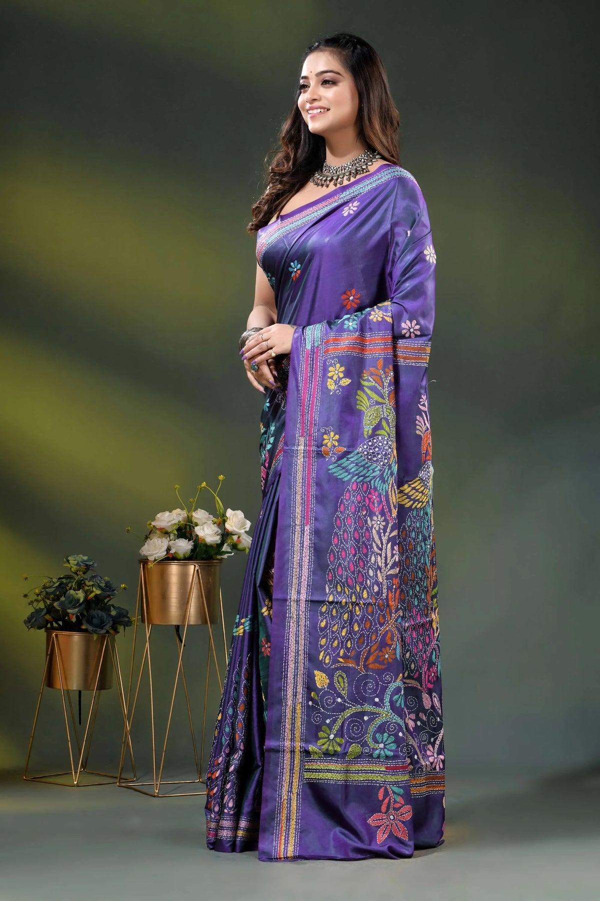 Purple peacock motif hand embroidered silk kantha stitch saree 3