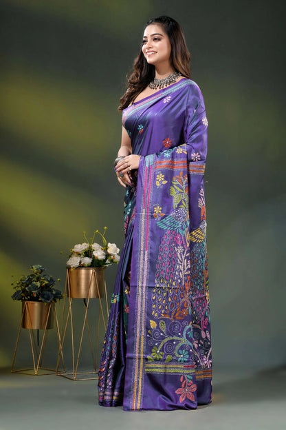 Purple peacock motif hand embroidered silk kantha stitch saree 3