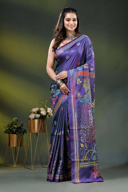 Purple peacock motif hand embroidered silk kantha stitch saree 1