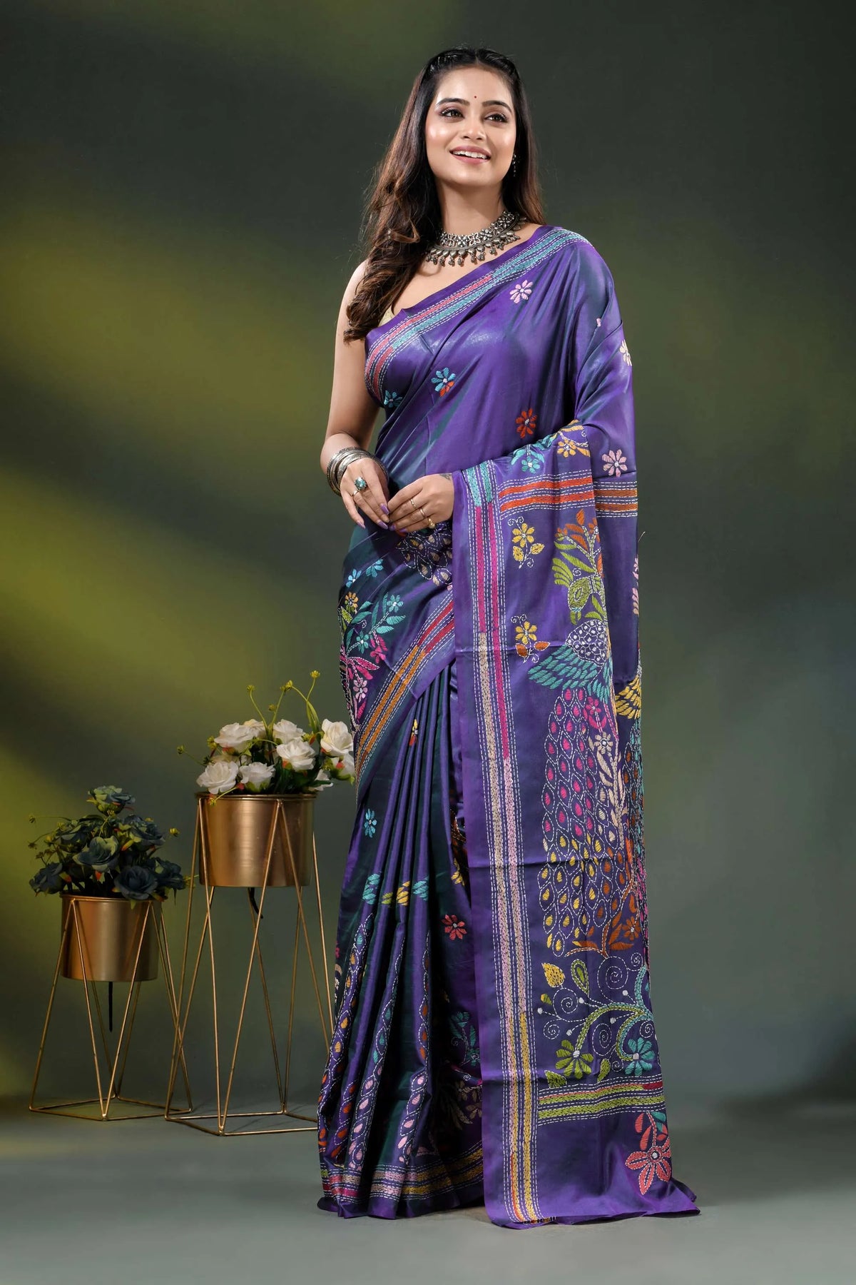 Purple peacock motif hand embroidered silk kantha stitch saree 6