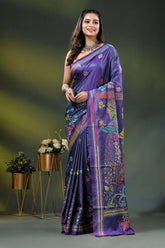 Purple peacock motif hand embroidered silk kantha stitch saree 6
